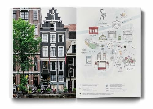 Offenes Buch mit Foto eines Amsterdamer Grachtenhauses und Illustrationen.