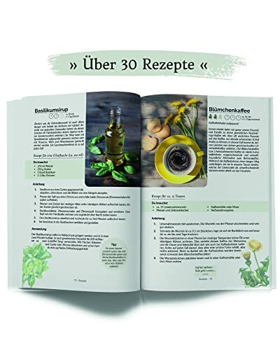 Geöffnete Buchseite mit Rezepten für Basilikumsirup und Blümchenkaffee.