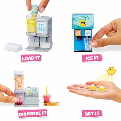 Miniatur-Getränkespender mit Hand, die Becher füllt.