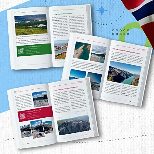 Offene Bücher mit Landschaftsbildern und Text