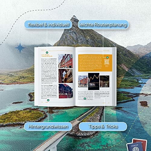 Offenes Reisebuch mit Landschaftshintergrund und Infotexten.