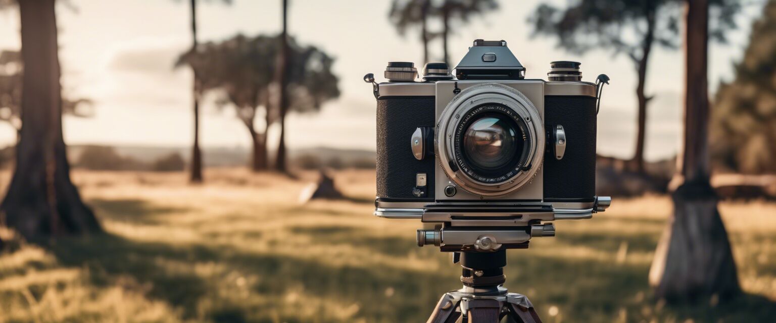 Vintage camera on a tripod in nature