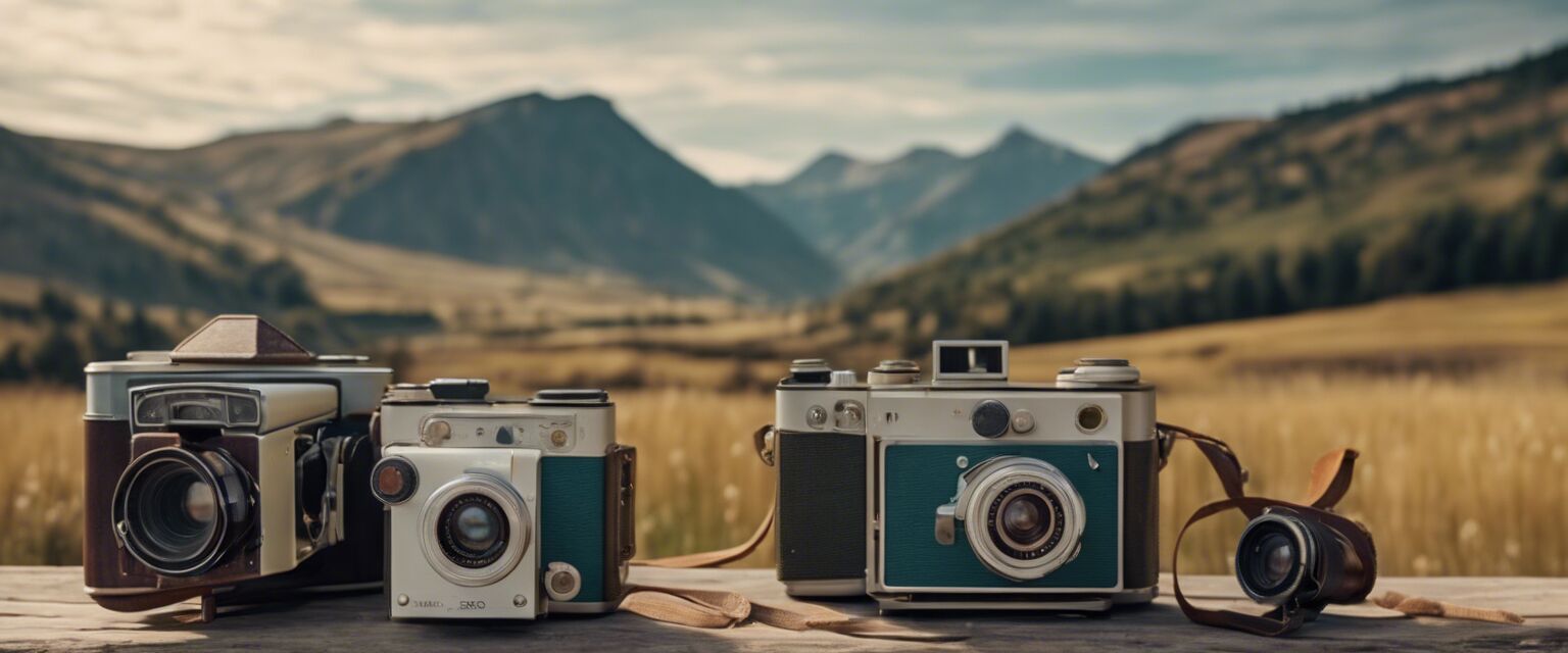 Vintage cameras capturing landscapes